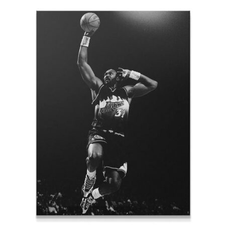 Karl Malone - #4 rising for a powerful dunk, high-contrast action shot on canvas.