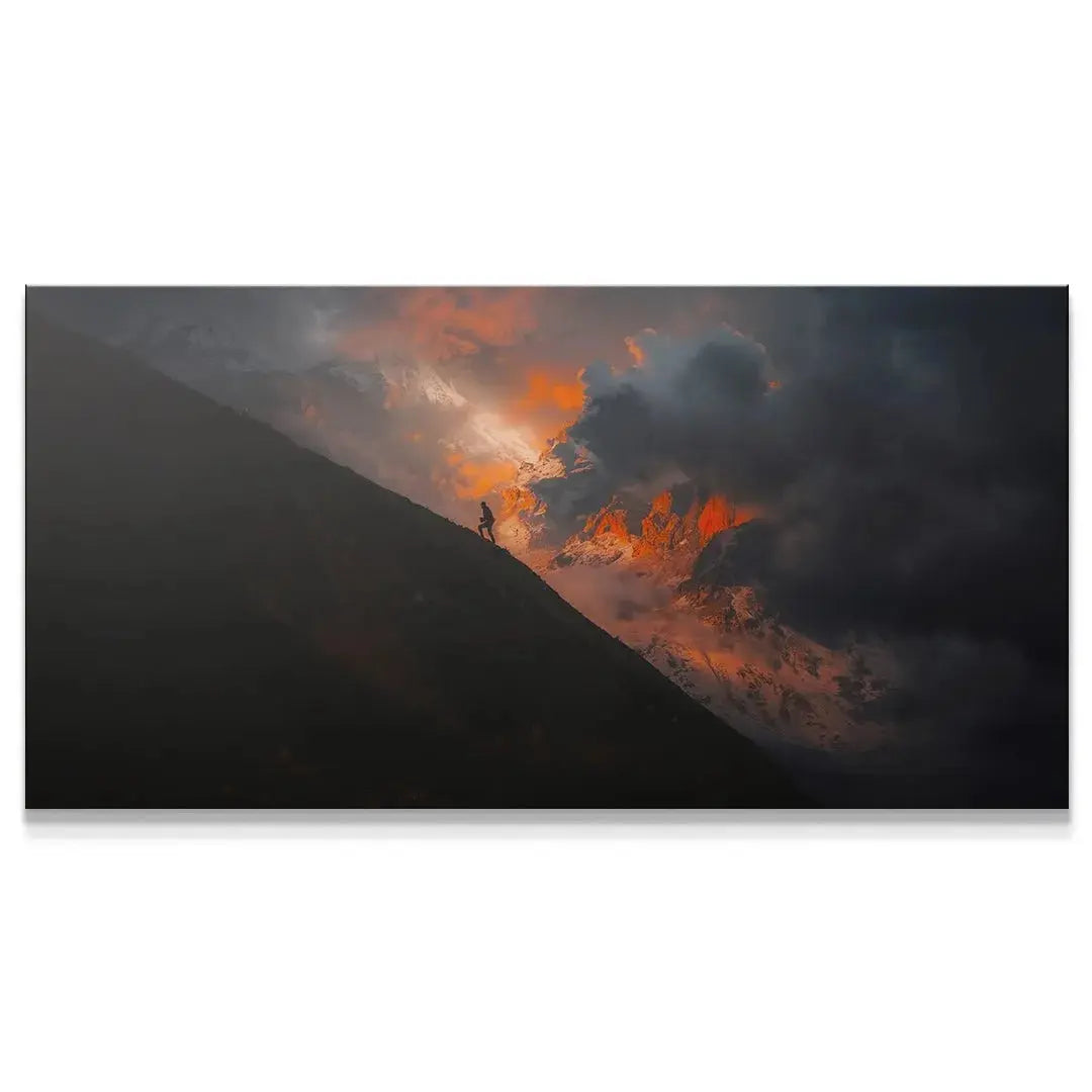 Silhouette detail of the climber ascending the steep slope in the Keep Going Sunset poster.