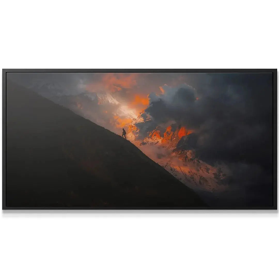 Wide angle view emphasizing the vast scale of the mountains in the Keep Going Sunset artwork.