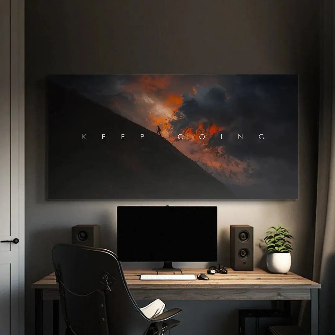 Corner perspective of the framed Keep Going Sunset piece reflecting gallery quality printing.