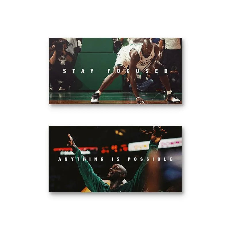 Angle view showcasing both KG prints mounted on a wall, capturing the contrast in intensity, Kevin Garnett - Set 1.