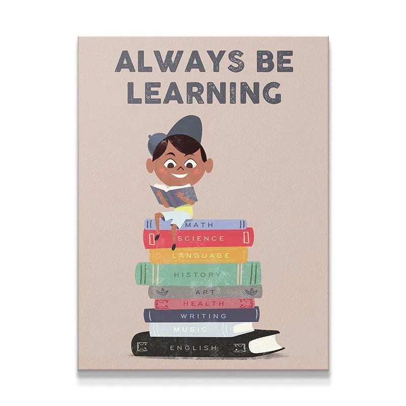 Full view of the motivational poster, Kids - Always Be Learning, showing a happy child reading on colorful subject books.