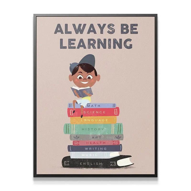 Close-up of the smiling child illustration sitting on the books in the Kids - Always Be Learning wall art.