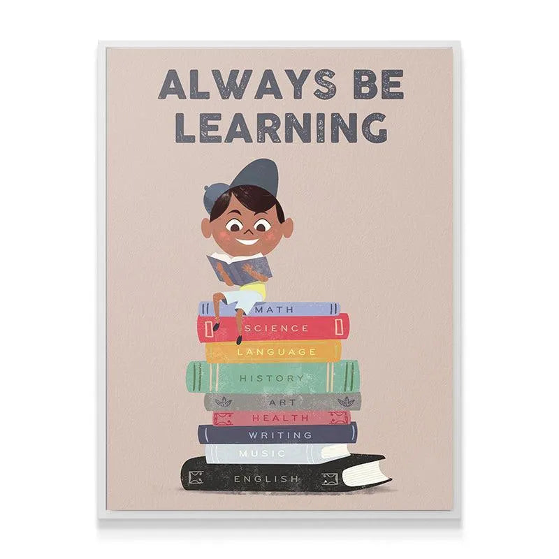 Detail shot of the large text 'ALWAYS BE LEARNING' printed clearly on the poster, emphasizing the message for Kids - Always Be Learning.