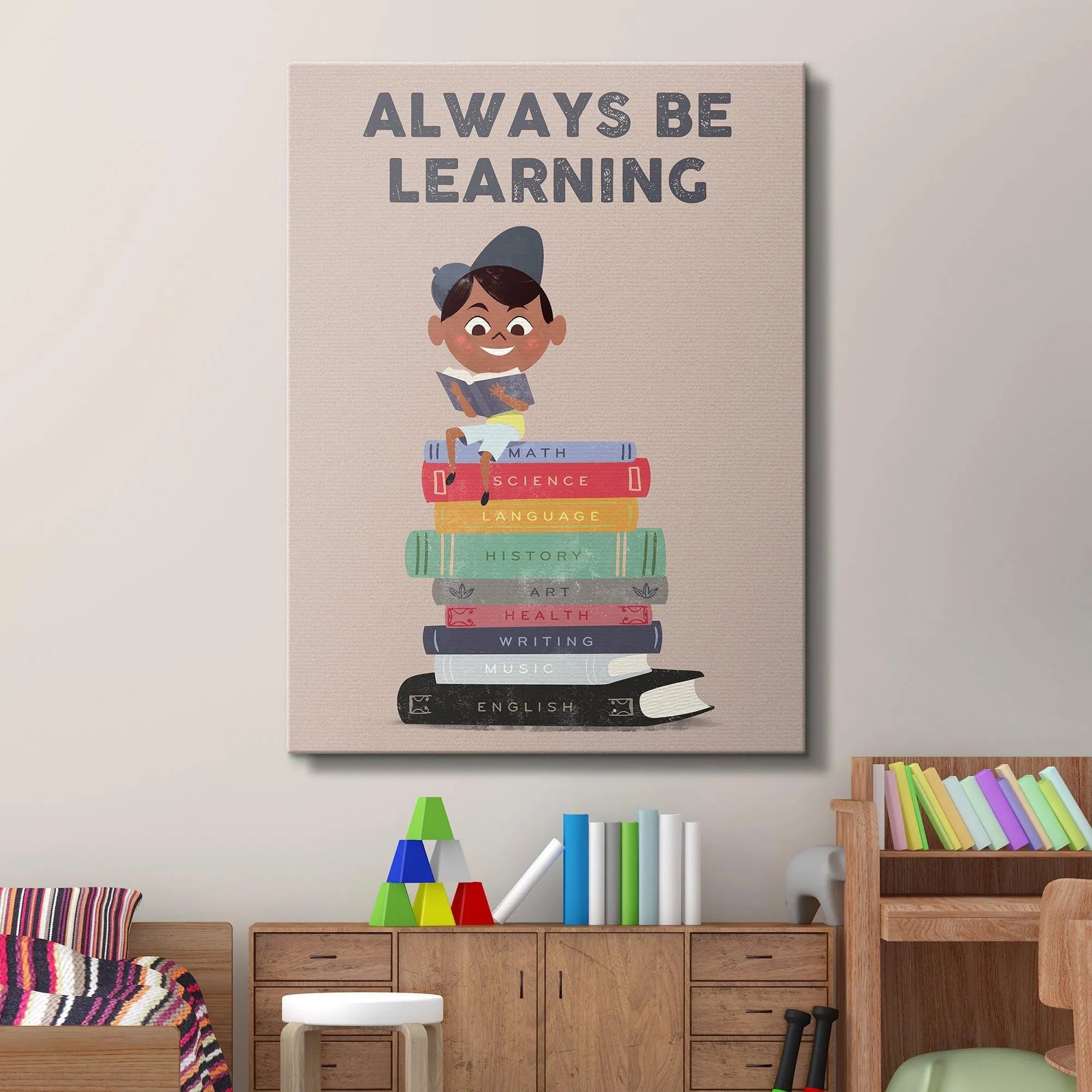 High-resolution detail capturing the canvas texture of the Kids - Always Be Learning print, suitable for a classroom setting.