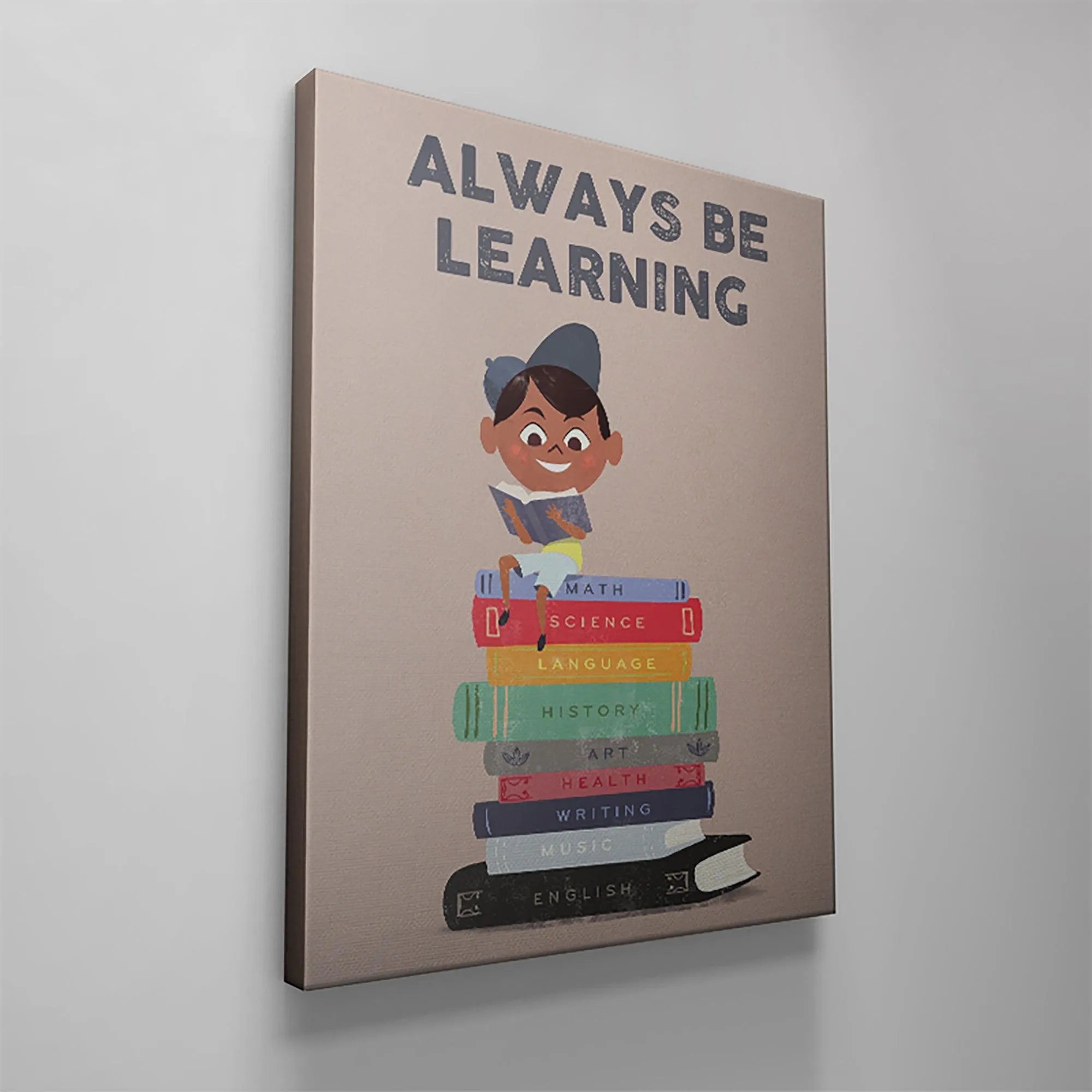 Studio shot highlighting the muted beige and earthy tones used in the artwork titled Kids - Always Be Learning.