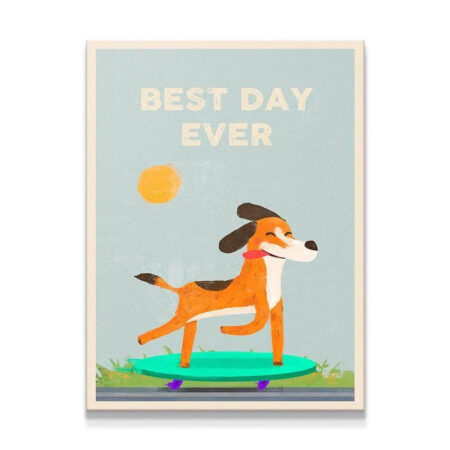 Full view of the playful illustrated dog riding a skateboard, defining the Kids Best Day Ever mood.