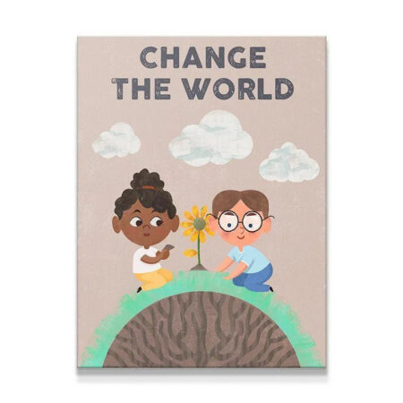 Close-up of children's faces tending the sunflower, illustrating how Kids Change The World together through teamwork.