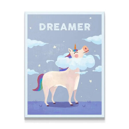 Full view of the whimsical Kids Dreamer unicorn wall art poster on a blue background.