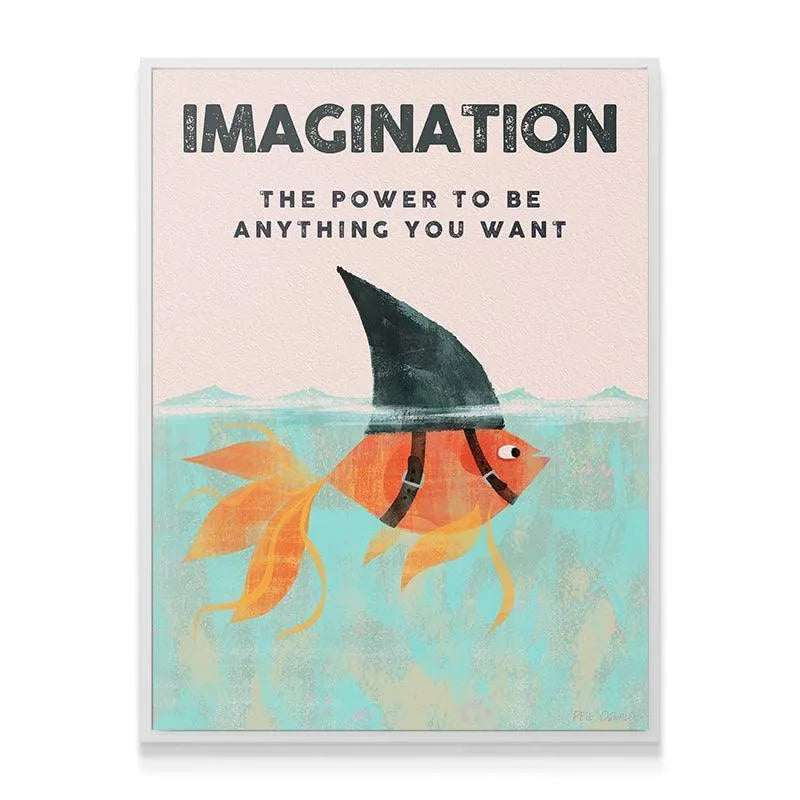 Lifestyle image of the Kids Imagination poster hanging above a child's blue dresser.
