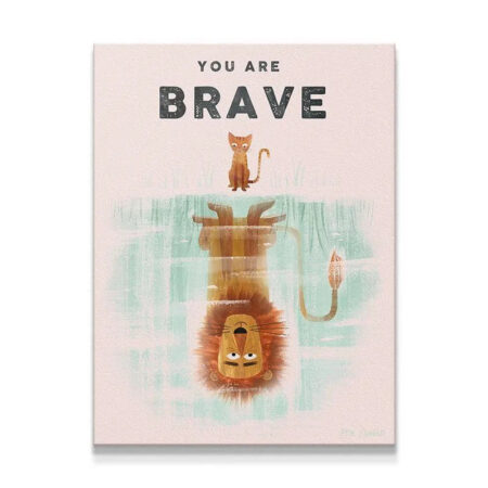 Close-up of the kitten and lion reflection on the Kids You Are Brave motivational art print.