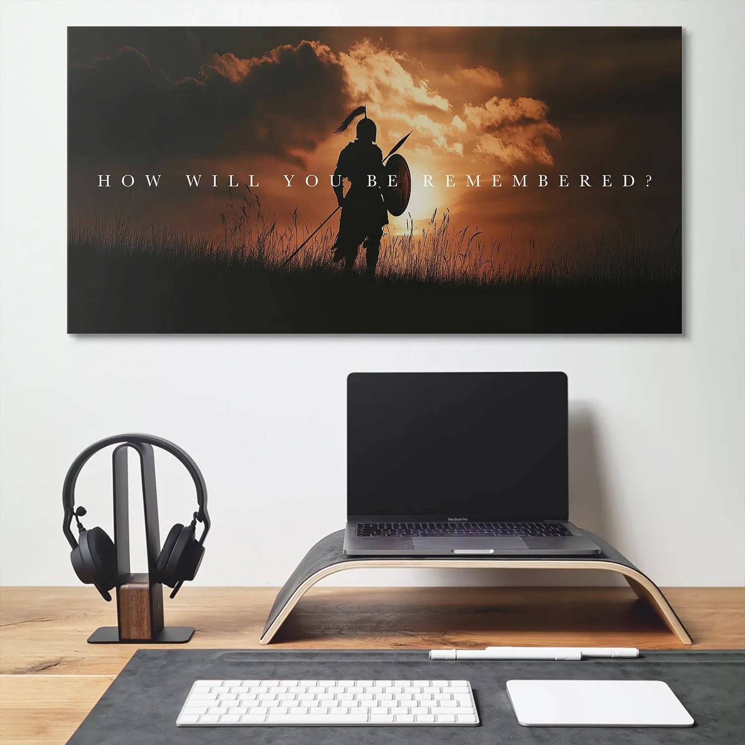 Horizontal panoramic view showcasing the full motivational quote on 'Knight - Remembered' canvas.