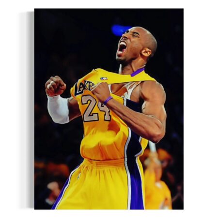 Basketball player in a yellow Lakers jersey celebrating on a dark background