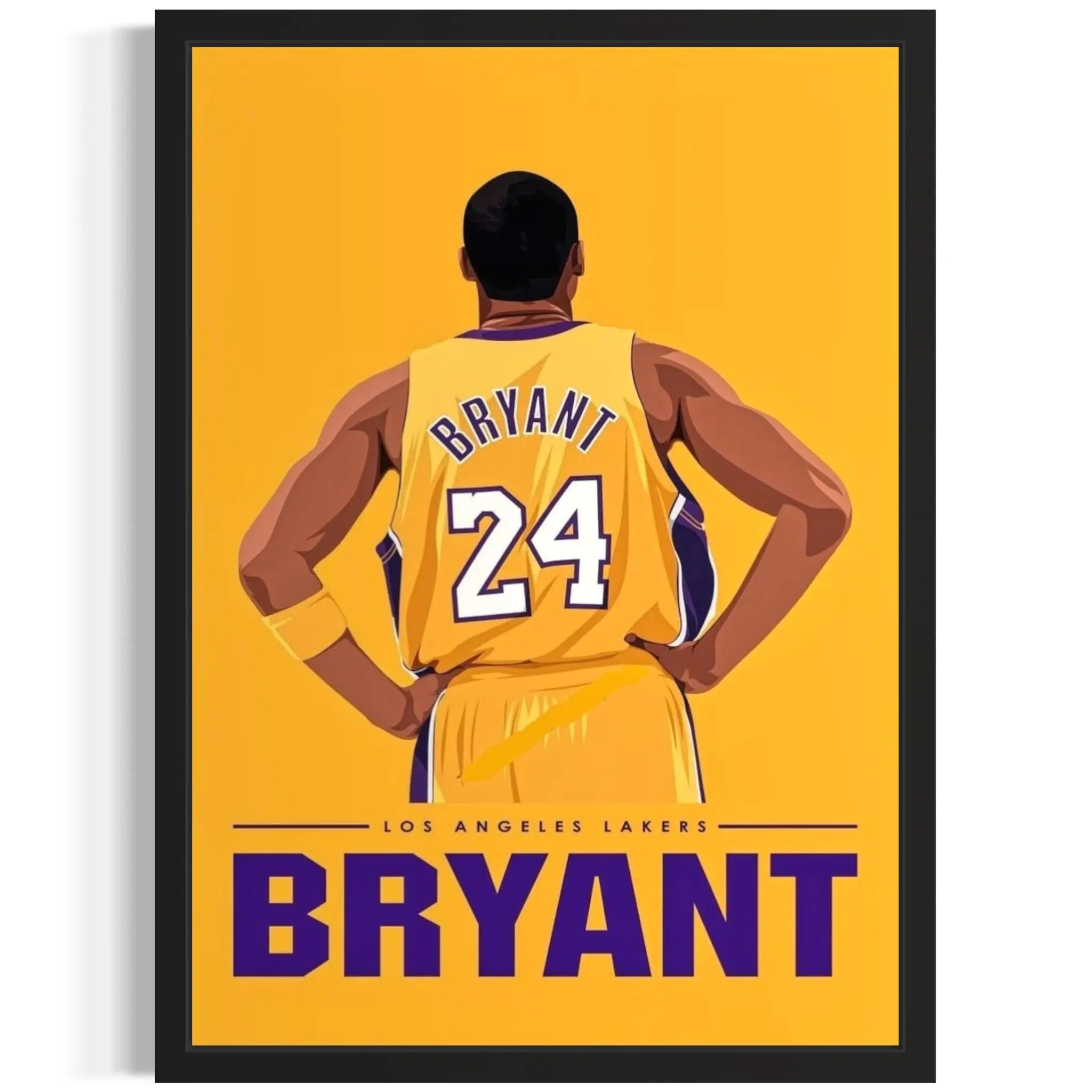 Framed poster of a basketball player in a yellow jersey with 'Bryant' and number '24' on a yellow background.