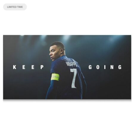 Full horizontal view of the motivational print Kylian Mbappé - Keep Going set against a dark, moody background.