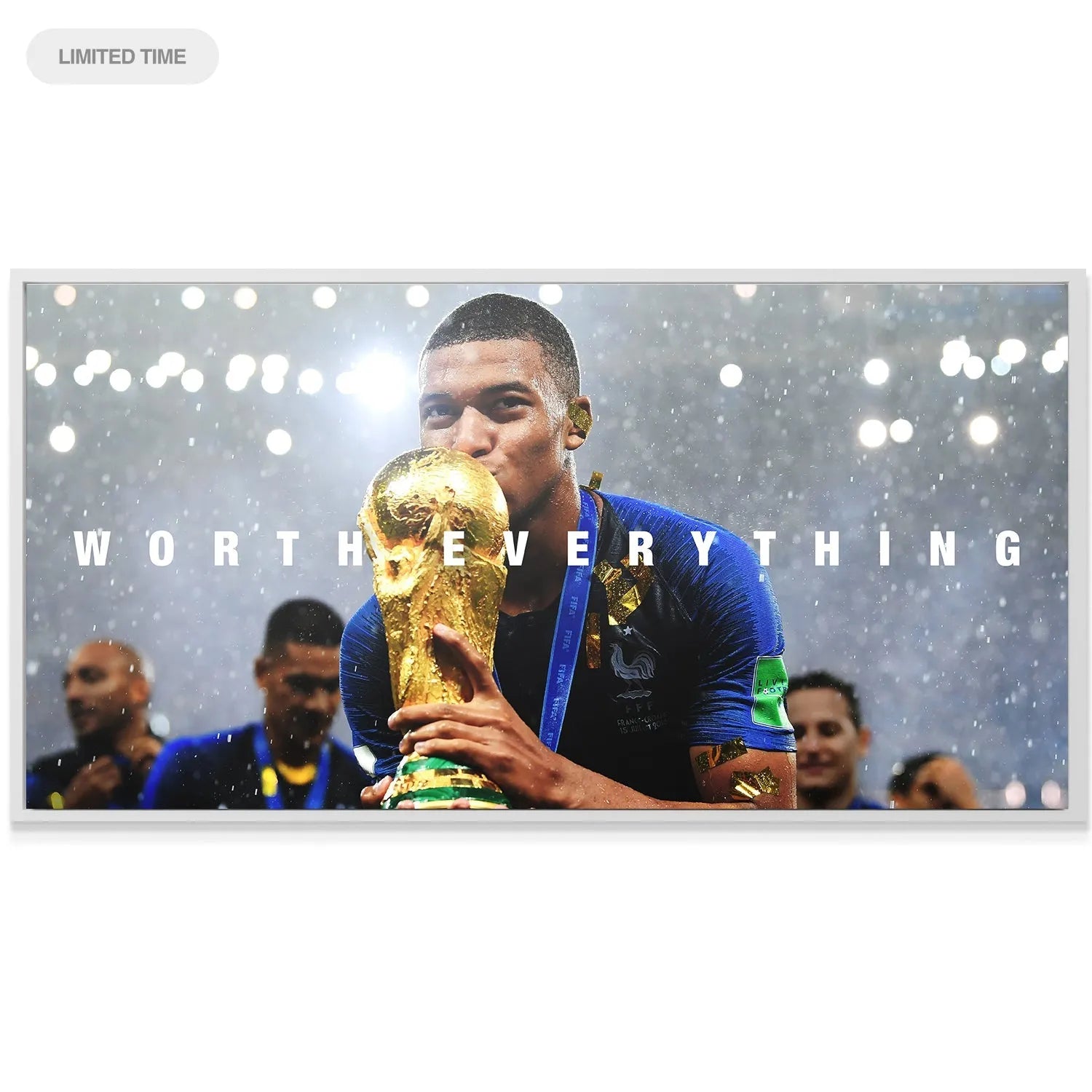 Lifestyle mockup of the framed canvas print displayed in a modern, stylish living room, Kylian Mbappe - Worth Everything.