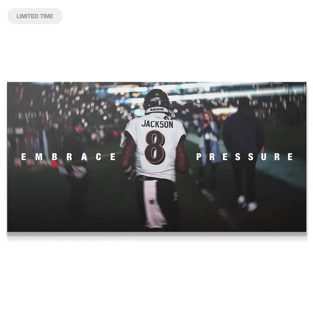 Wide horizontal view of Lamar Jackson - Embrace Pressure artwork showing the full text inscription and motion blur.