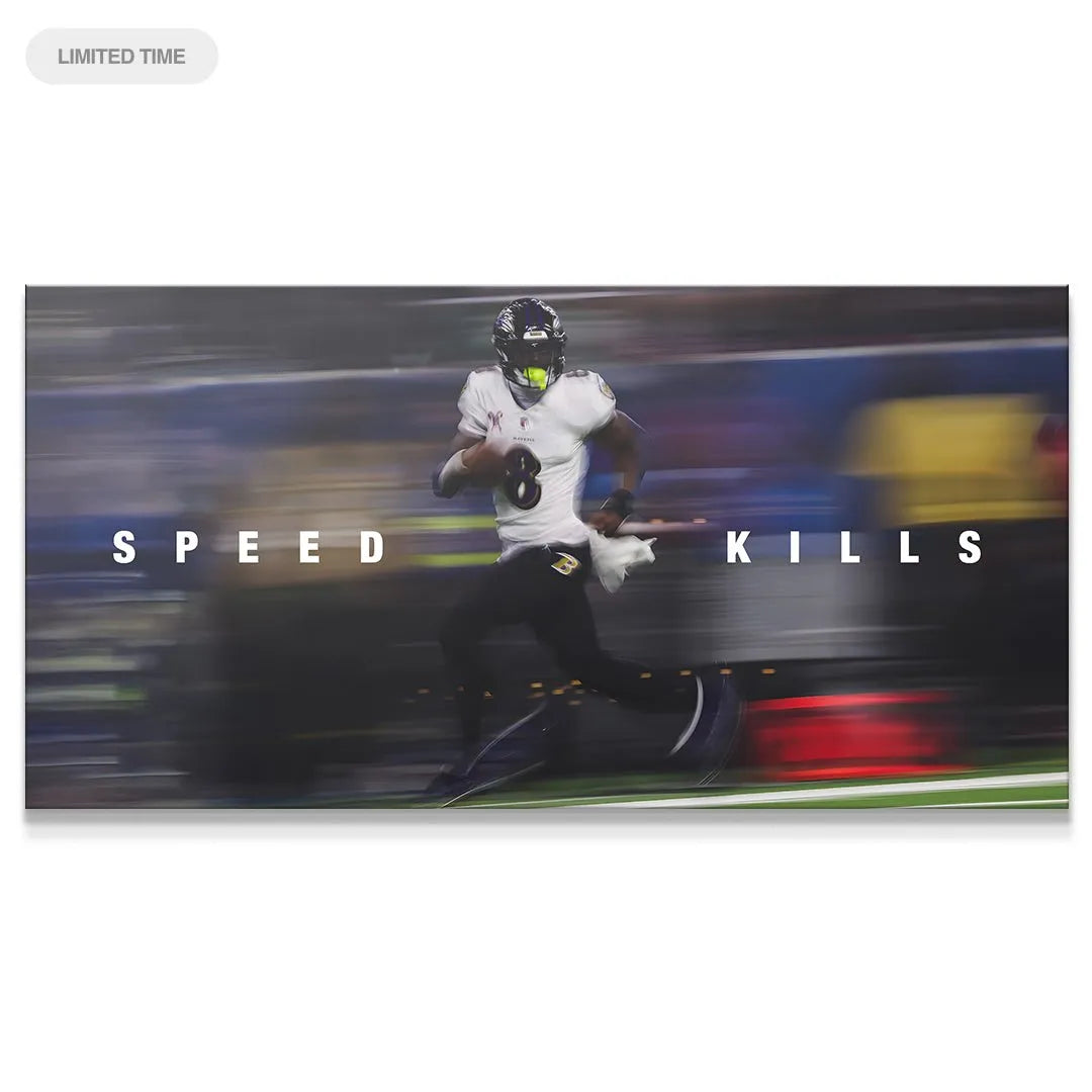 Wide shot of Lamar Jackson - Speed Kills canvas showing full motion blur effect and stadium background lights.