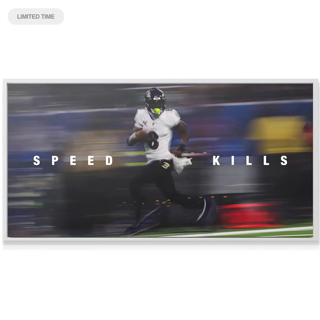 High-angle view capturing the intense forward momentum in the Lamar Jackson - Speed Kills wall art.