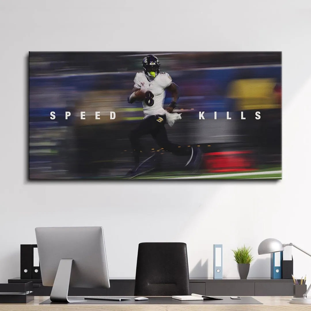 Dynamic action pose of Lamar Jackson mid-run, illustrating the power of Lamar Jackson - Speed Kills.