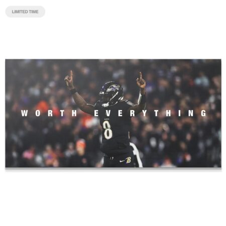 Wide shot of the canvas print showing the overall stadium atmosphere in the Lamar Jackson - Worth Everything artwork.
