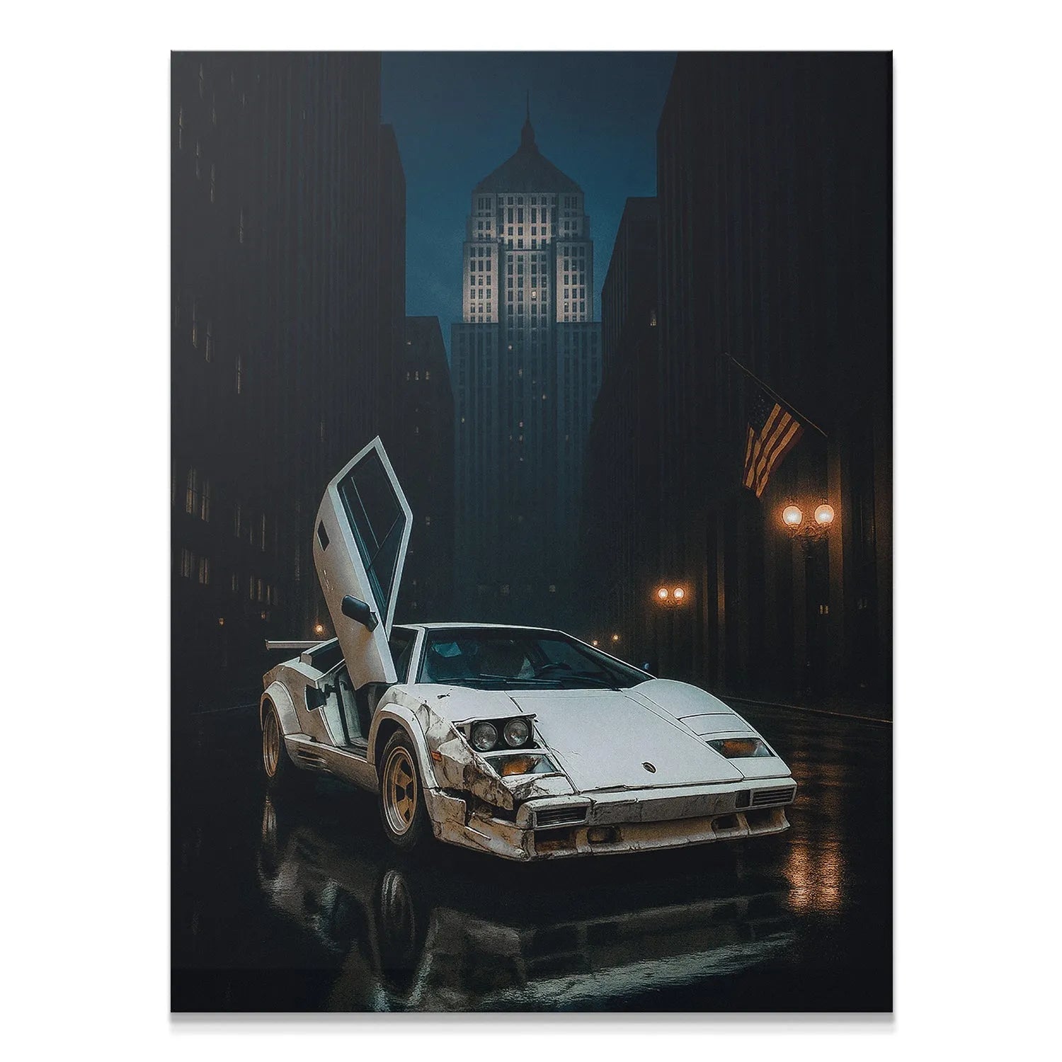 Close-up of the damaged front bumper and headlights of the 'Lamb on Wall St' Countach print.