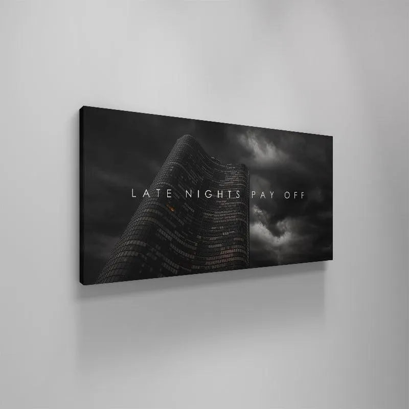 Black and white monochrome aesthetic of the high-contrast urban canvas 'Late Nights Pay Off' suitable for executive decor.