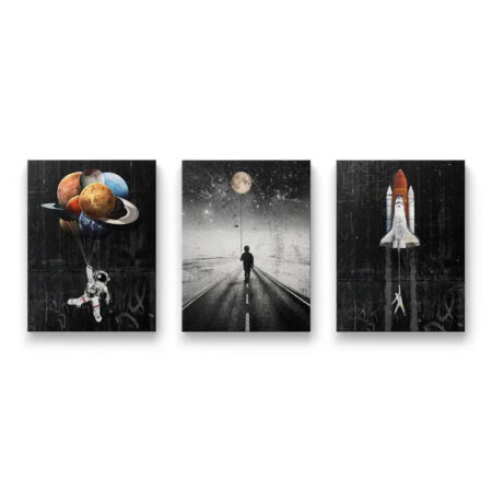 Full overhead view of the complete three-panel canvas art Launch Bundle.