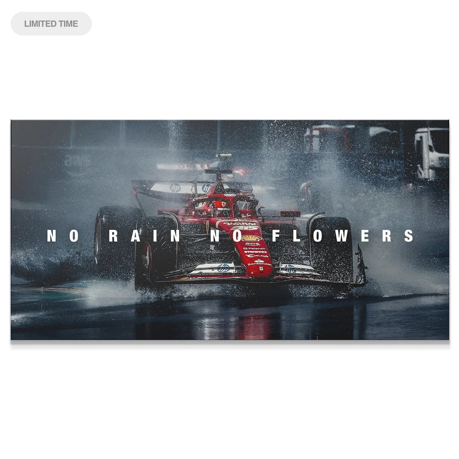 Dynamic wide shot of F1 car generating heavy rooster tail spray in "Leclerc - No Rain No Flowers"