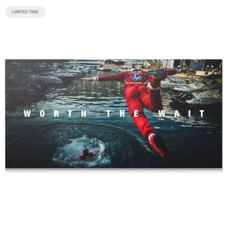 Wide panorama of the Monaco harbor showcasing the full canvas and the text overlay 'Leclerc - Worth The Wait'.