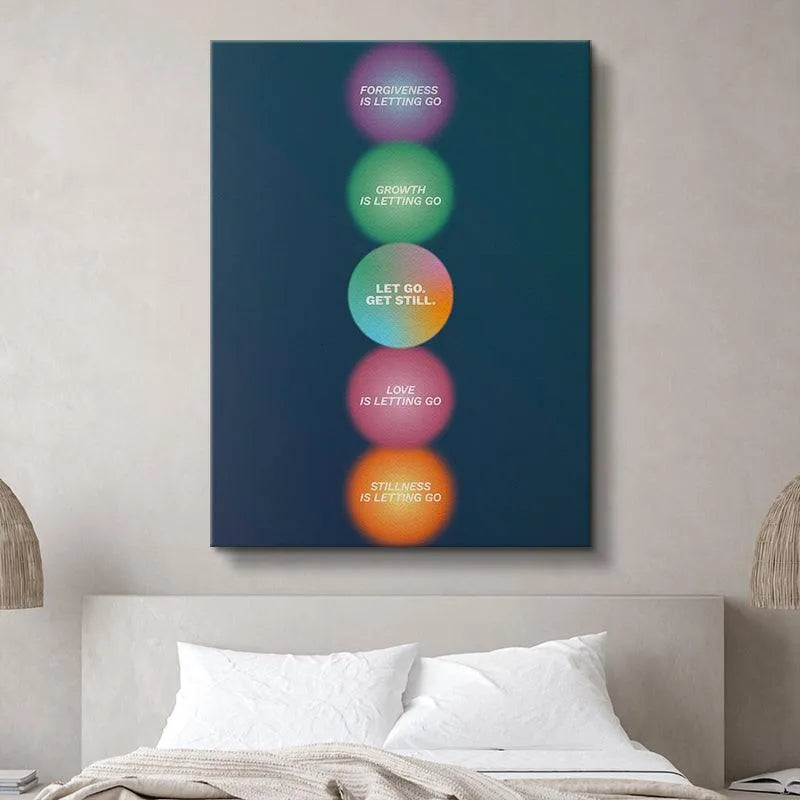 Detail of the purple and green circles above the main Let go, Get Still message (Forgiveness and Growth is Letting Go).