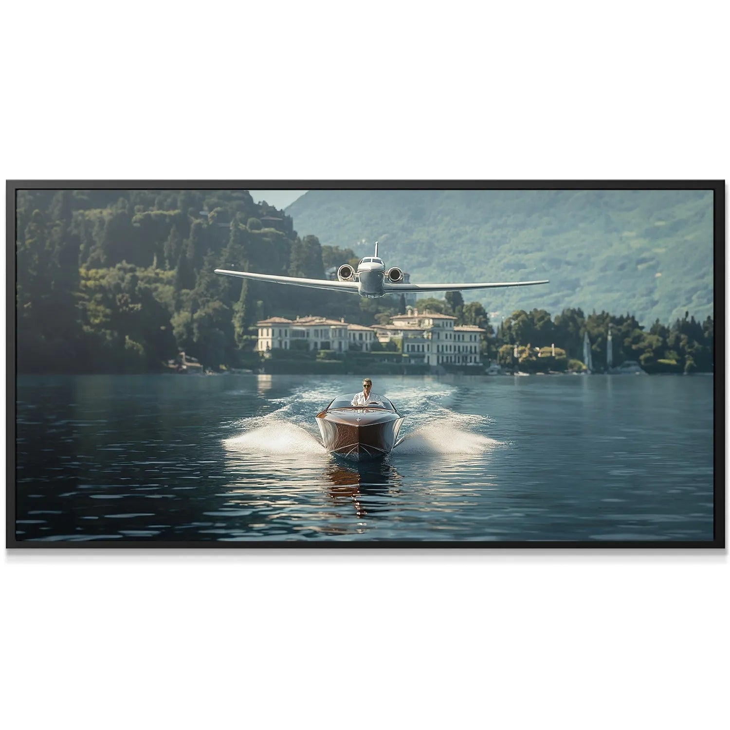 Close-up view of the polished wooden speedboat hull creating a powerful white wake in the intense 'Let's Race' scenario.