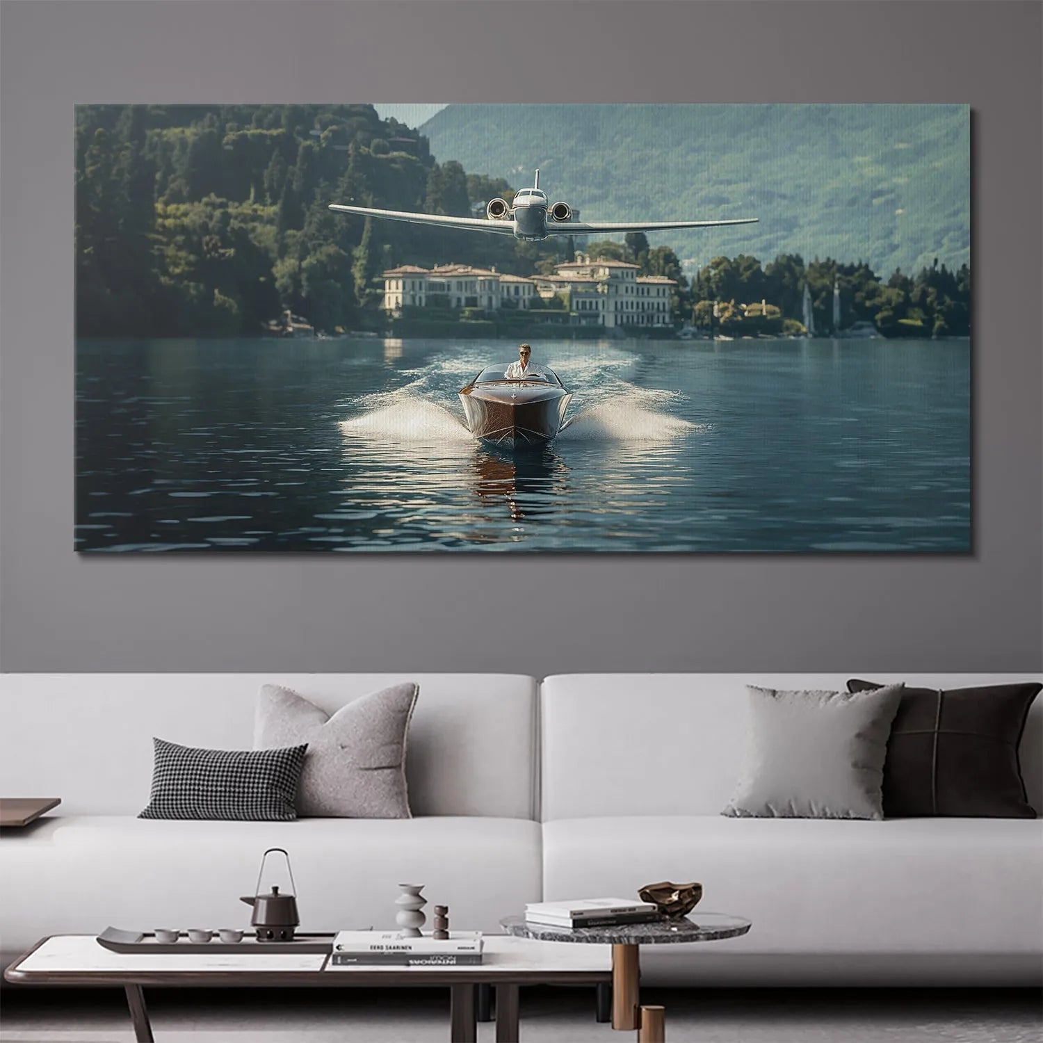 Lush green hillside and luxurious Italian villa serving as the dramatic background setting for the 'Let's Race' canvas art.