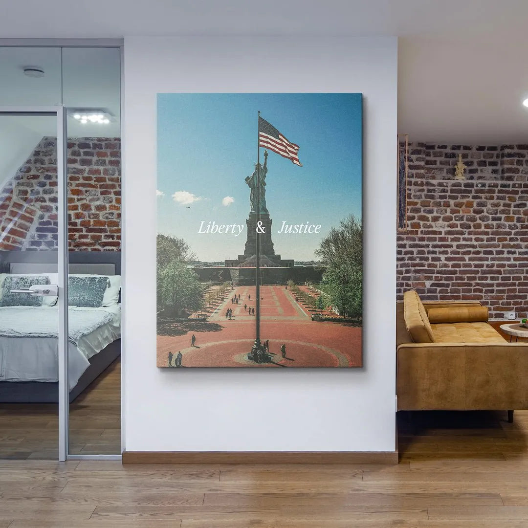 Landscape perspective showcasing the tall flagpole and the iconic silhouette in the 'Liberty & Justice 2' print.
