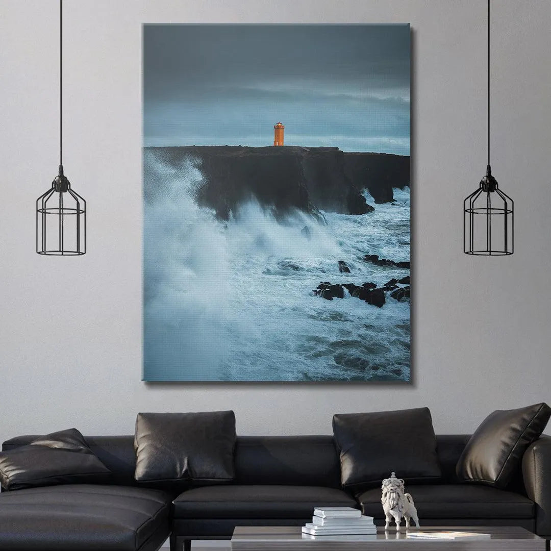 Vertical angle photograph emphasizing the height of the cliff where the distant Lighthouse is situated.