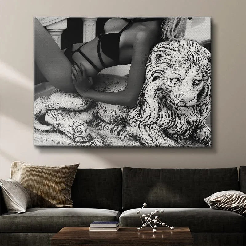 Angled perspective emphasizing the regal face and fierce eyes of the stone lion in 'Lions Den'.