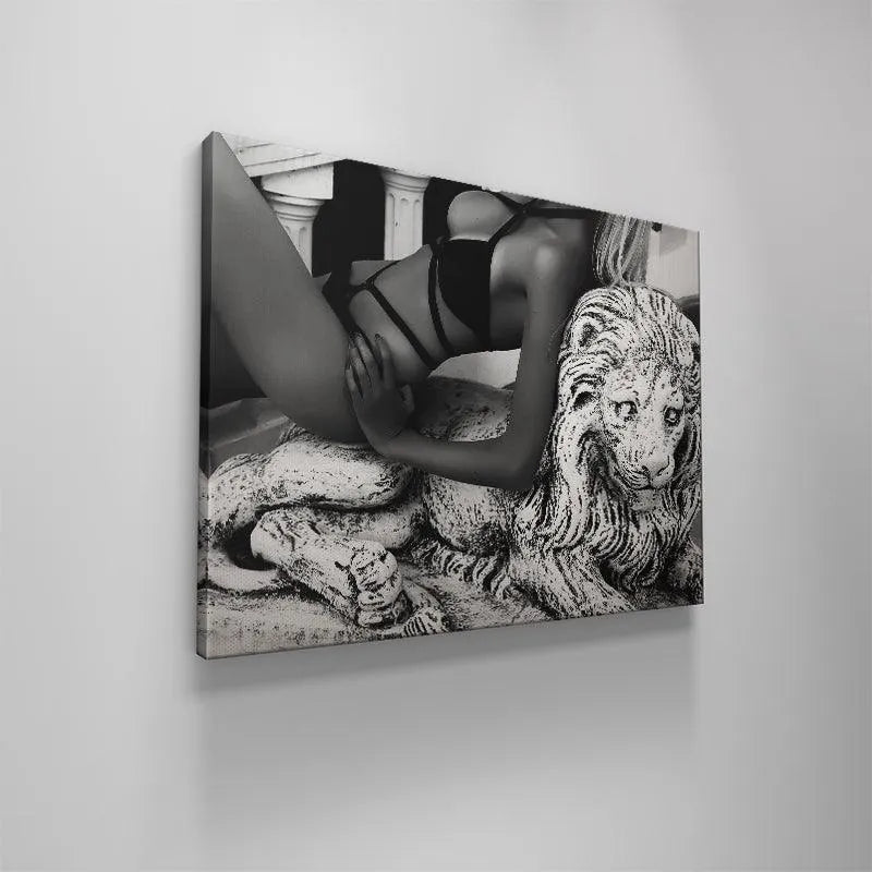 Lifestyle rendering of the framed 'Lions Den' print showcased as a dramatic focal point in a modern room.