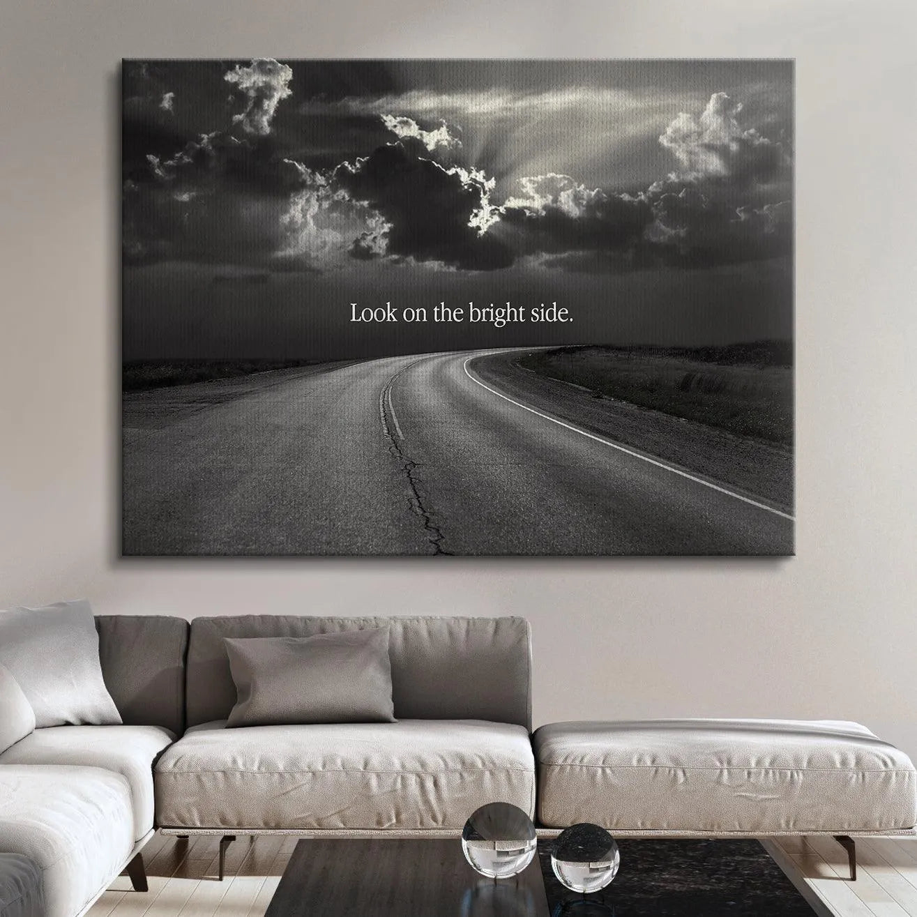 Lifestyle visualization of the framed inspirational poster reading Look On The Bright Side in a modern office environment.