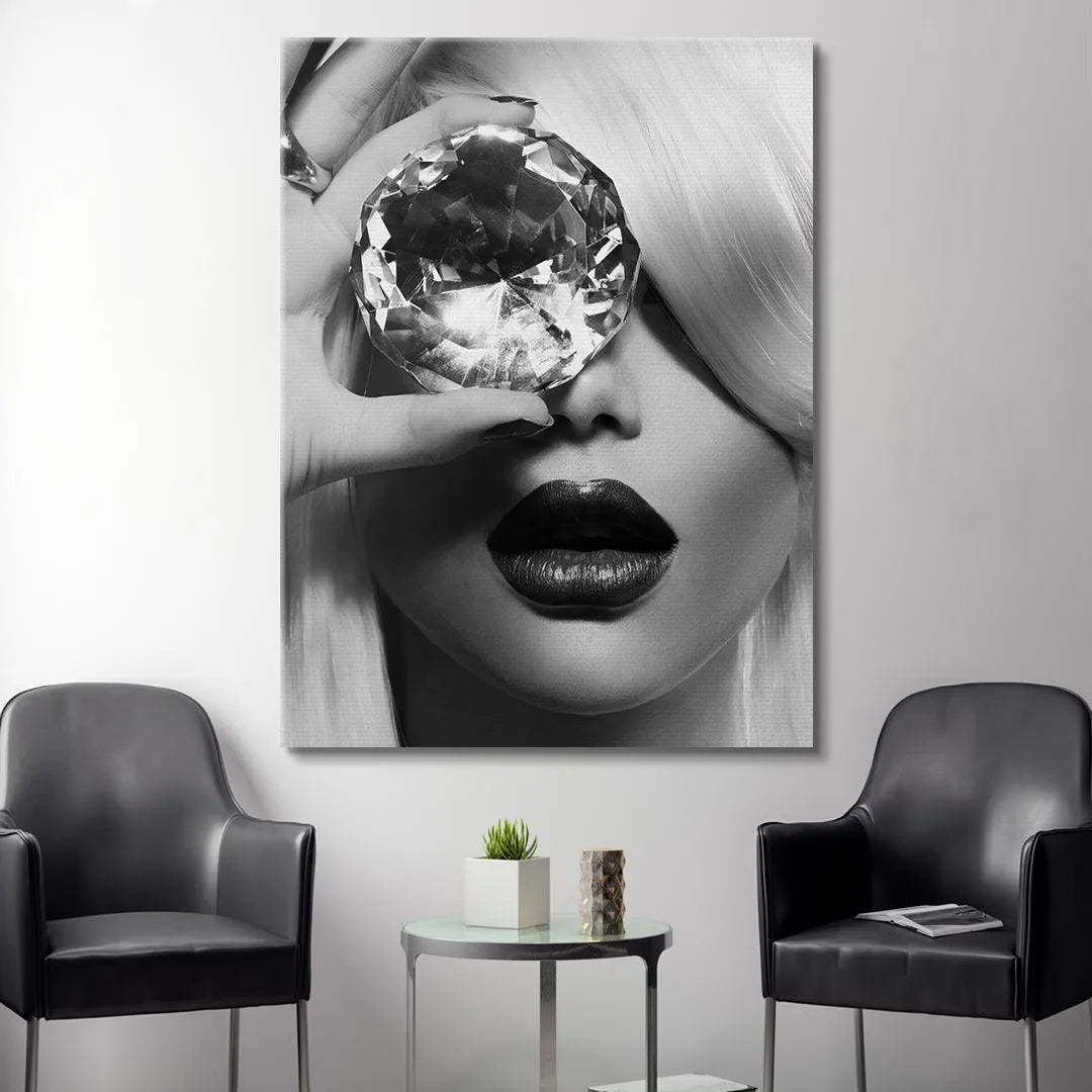 Vertical orientation fashion canvas emphasizing sharp contrast, 'Looking Glass' edition.