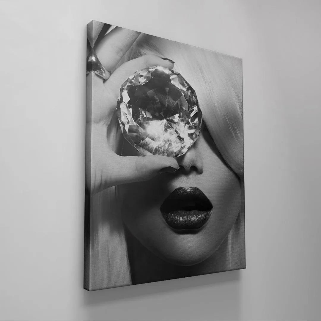 High-contrast monochromatic wall art capturing fashion photography, known as Looking Glass.