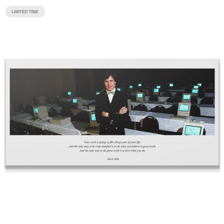 Panoramic view of the Steve Jobs print surrounded by vintage computers, emphasizing the central message to Love What You Do.