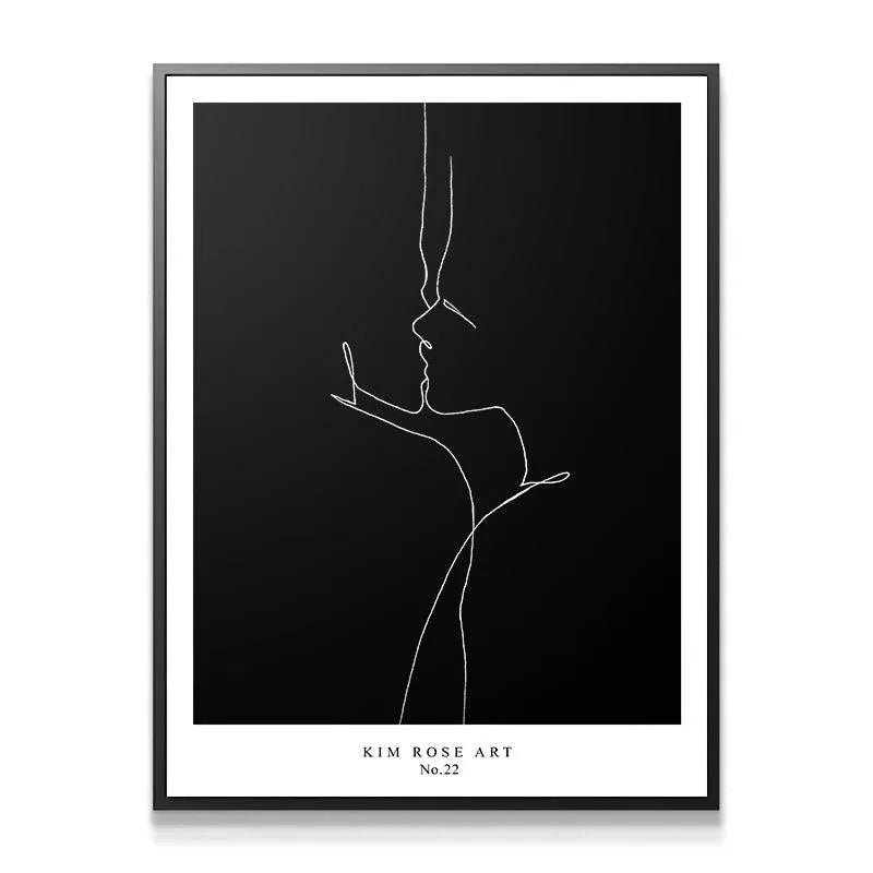 Lovers - Black minimalist print displayed in a modern, gray living room setting.