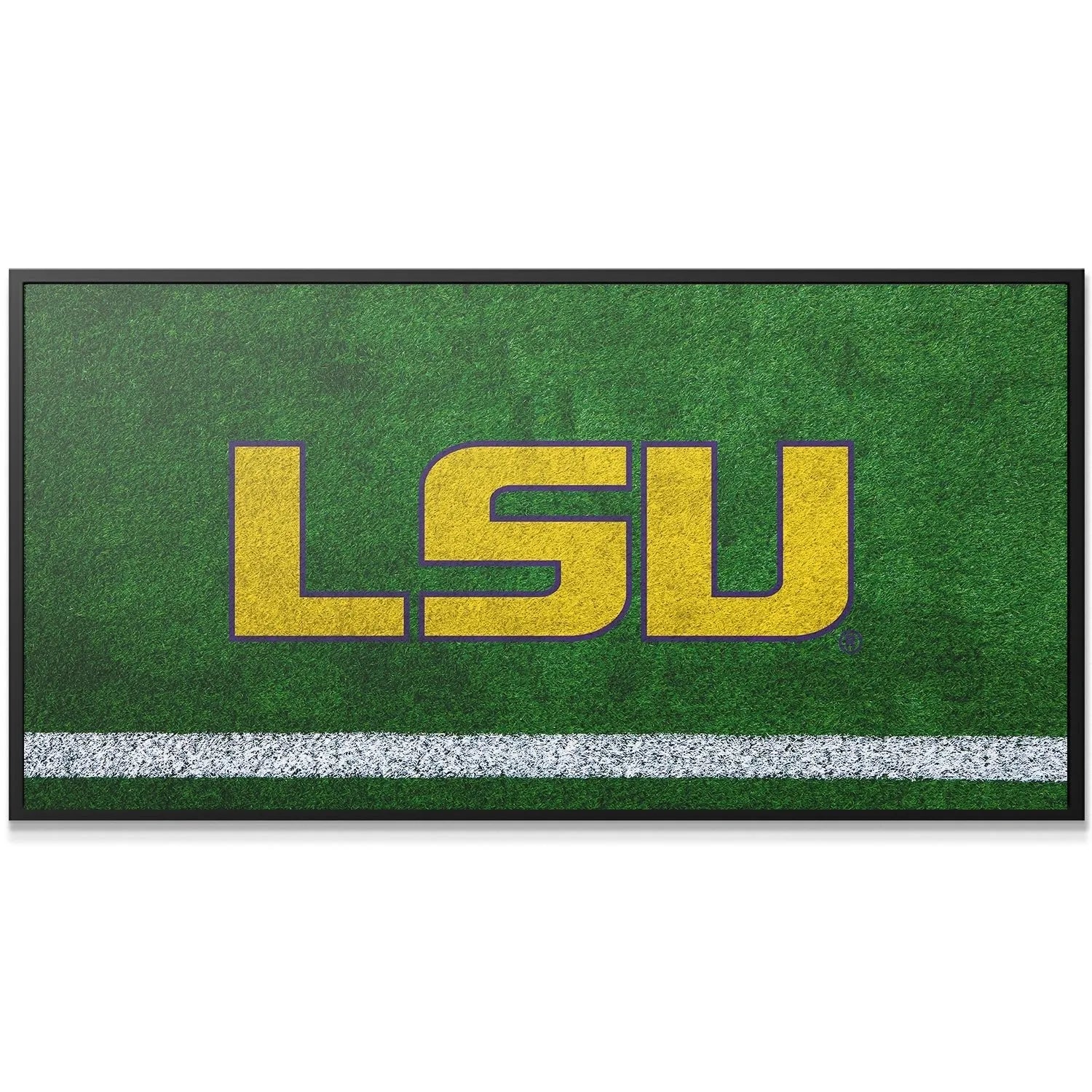 Wide horizontal shot emphasizing the white sideline marking and the central placement of the LSU - Field Logo.