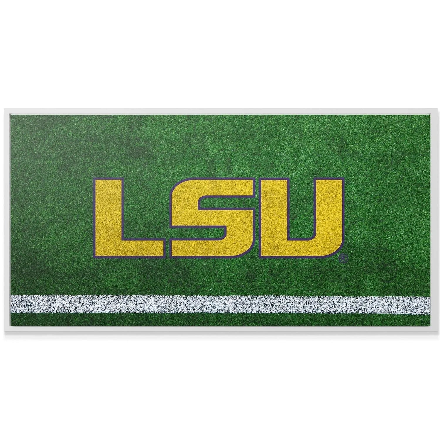 Digital rendering of the LSU - Field Logo displaying the sharp purple outline around the gold block letters.