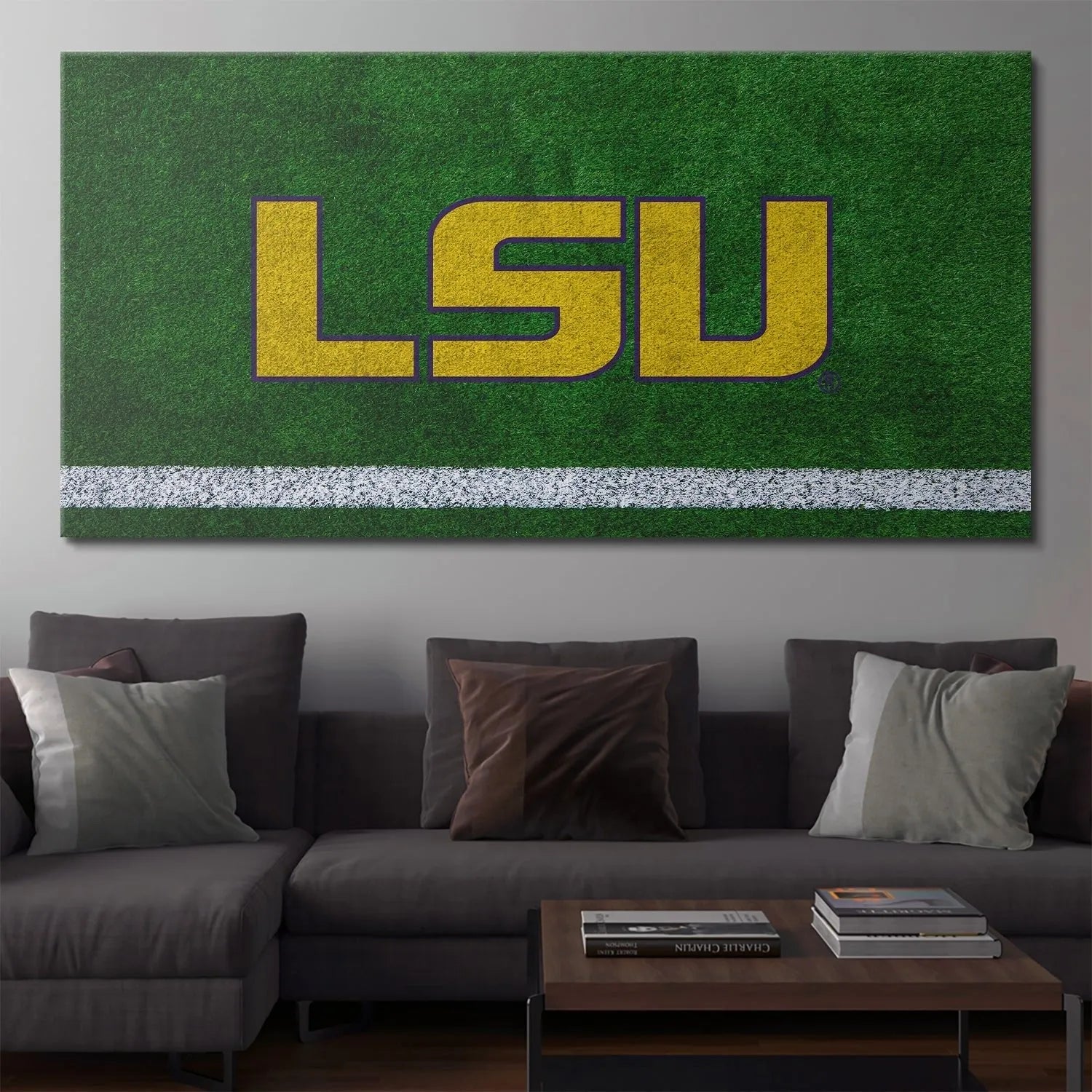 High-resolution print detail capturing the artificial grass fibers surrounding the painted LSU - Field Logo.