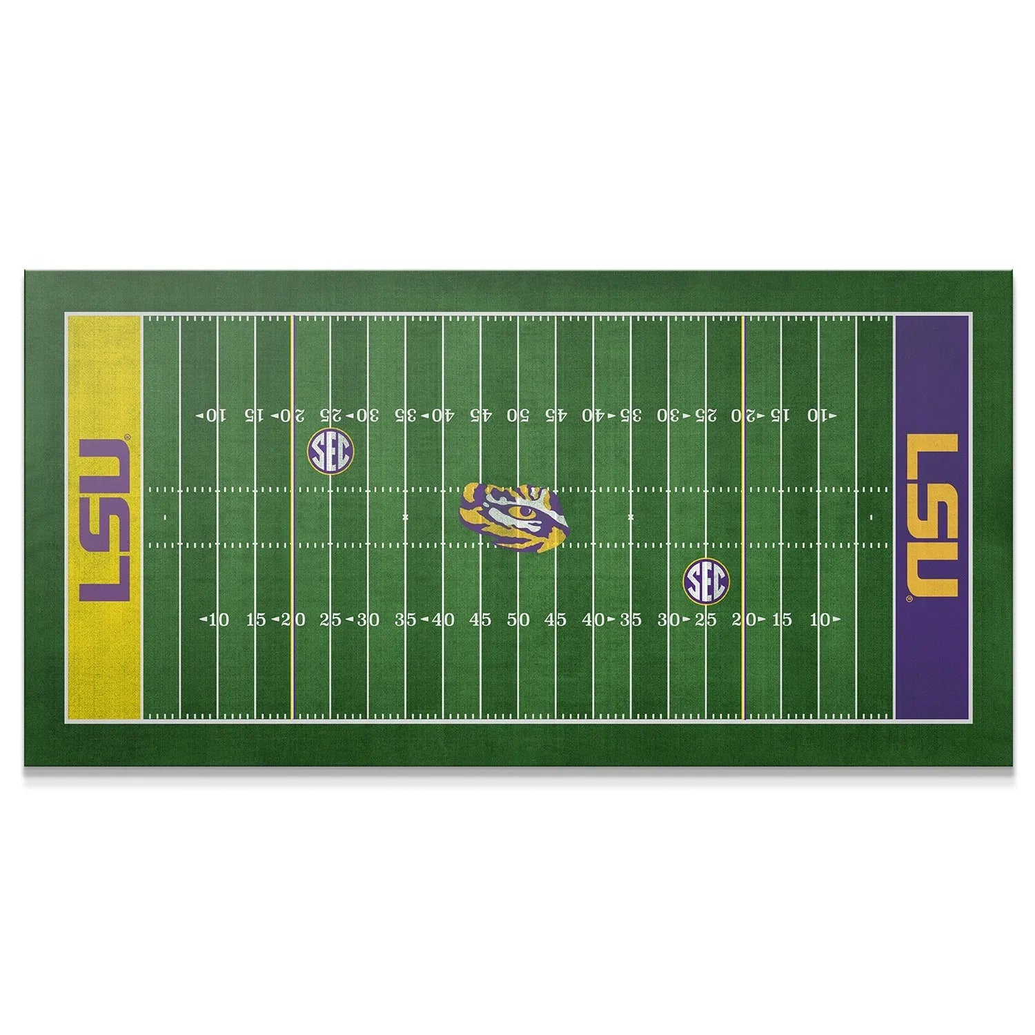 Overhead view of the detailed LSU - Full Field replica showing all yard markers and official branding.