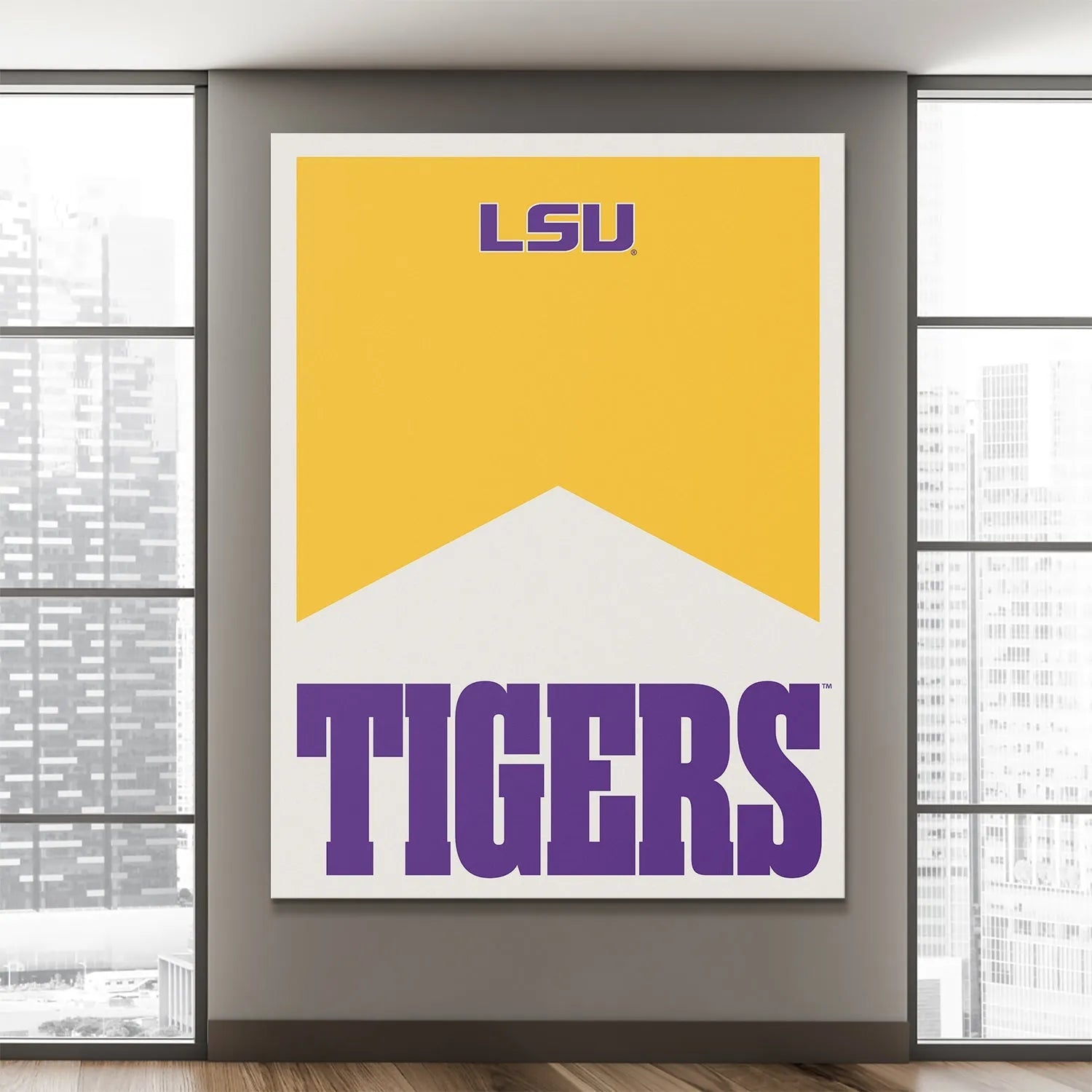 The LSU - Marlboro Minimalism print framed and hung in a modern dormitory room setting (lifestyle shot).
