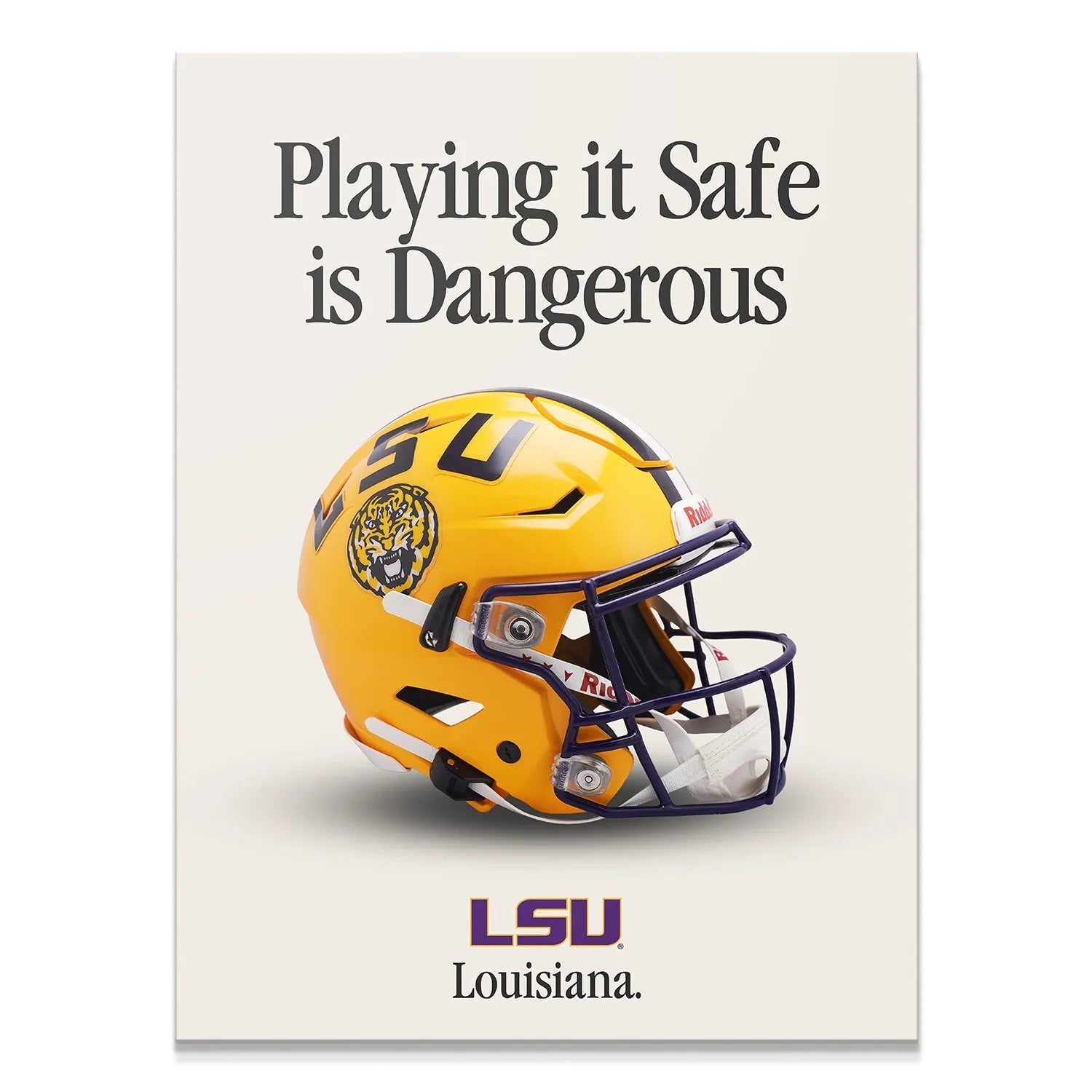 Full angle shot of the yellow LSU helmet with purple face mask against a neutral background for LSU - Playing It Safe V2.