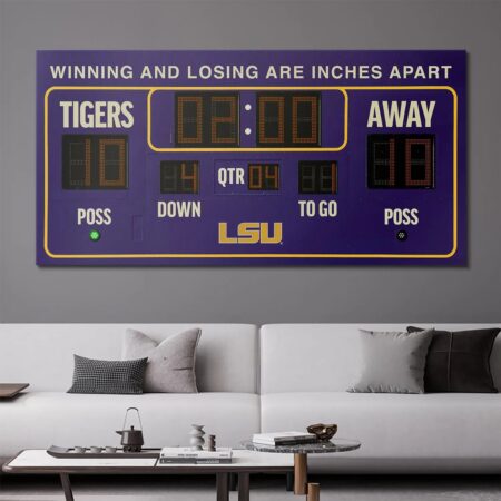 Full overhead view of the LSU - Scoreboard canvas mounted above a modern white sofa in a lifestyle setting.