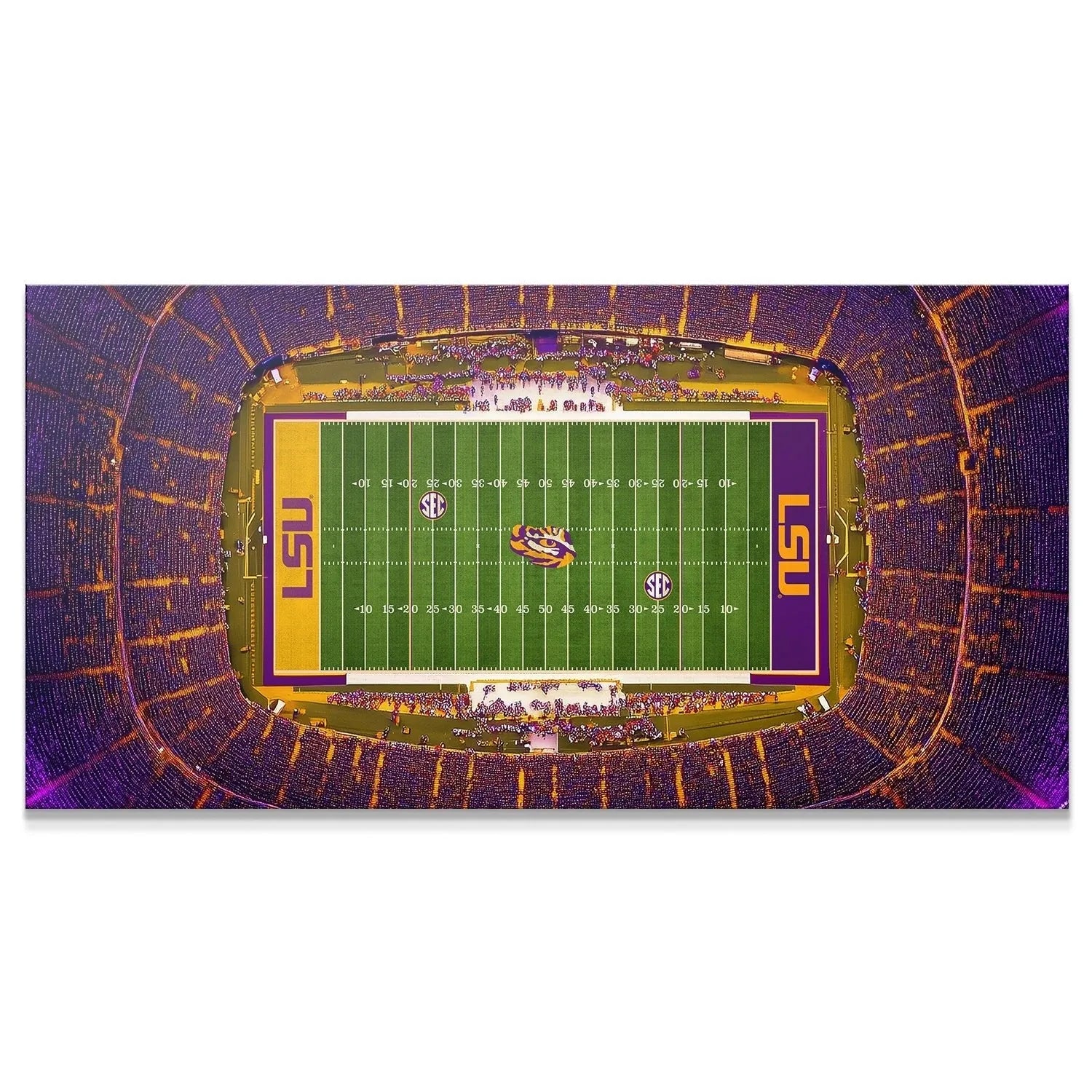 Overhead panorama showcasing the vibrant purple seating bowl of LSU - Stadium.
